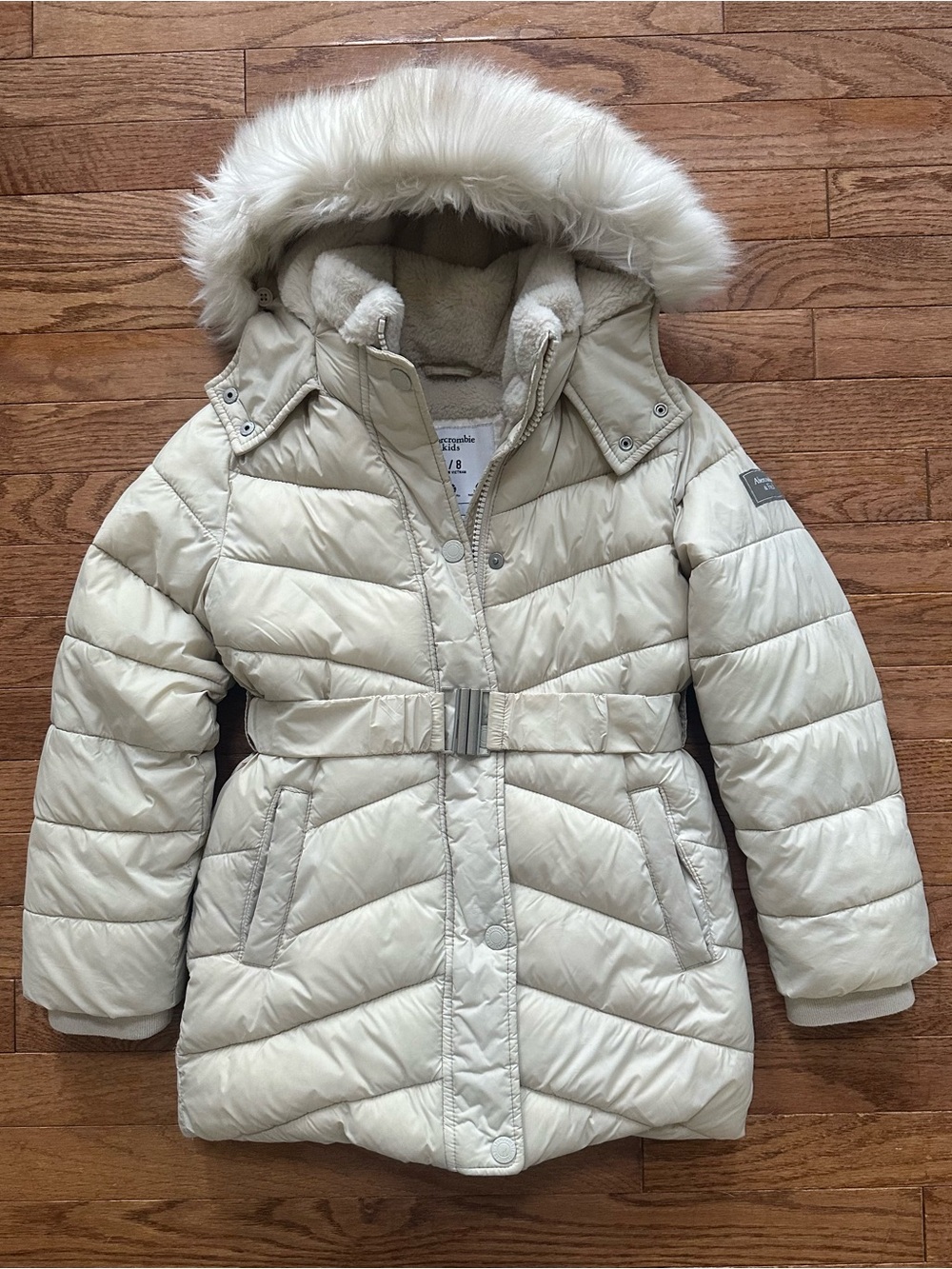 Abercrombie kids Girls 7/8 Cream Faux-Fur Hooded Winter Parka